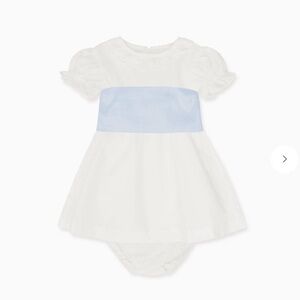 La Coqueta. White Vega Ceremony Baby Girl Set w/ bloomers and blue sash. Size 3Y